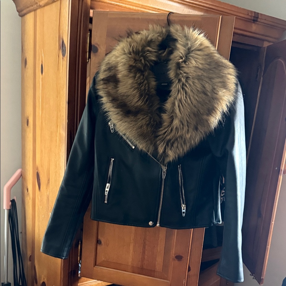Blank NYC Black Leather Jacket with Brown Faux Fur Collar